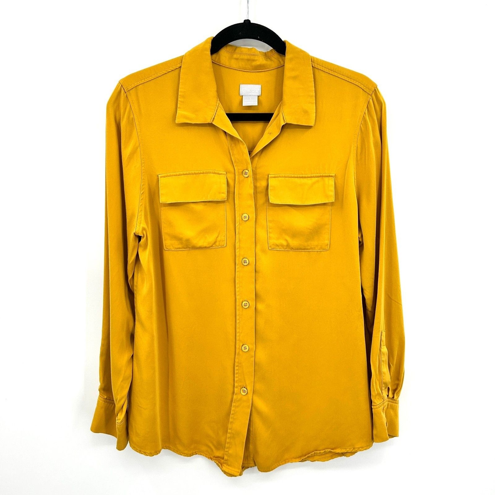 CHICO\'S Women\'s Mustard Yellow 100% Modal Long Sleeve Button Up Blouse Medium CHICO\'S Women\'s Mustard Yellow 100% Modal Long Sleeve Button Up Blouse Medium