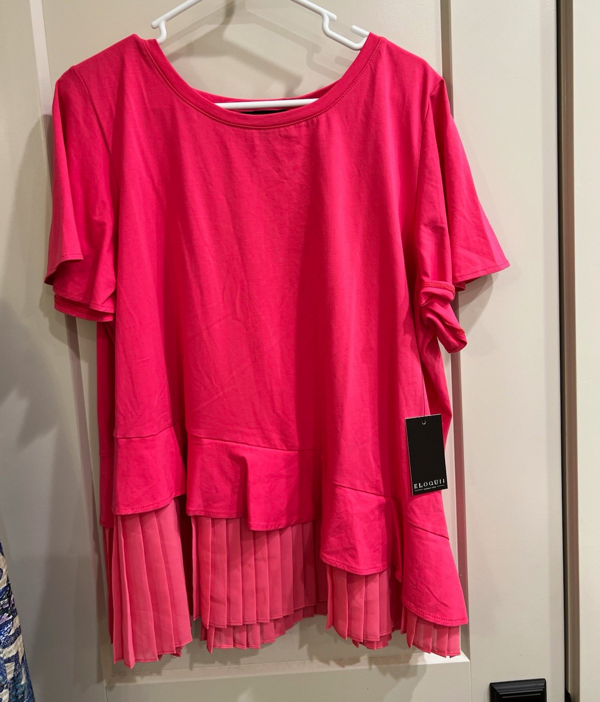 ELOQUII Women’s Pink Knit Top Pleated Hem Short Sleeve Round Neck Plus 18