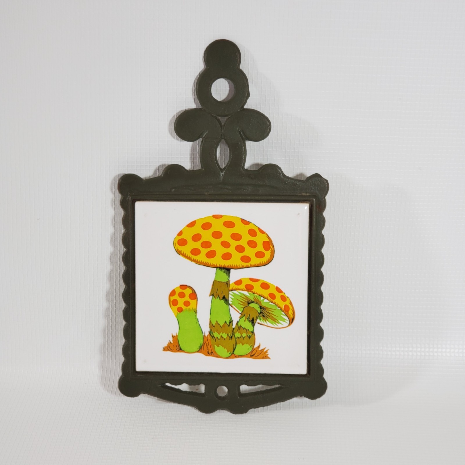 Vintage Green Yellow Orange Gold Mushroom Tile & Iron Trivet Potholder