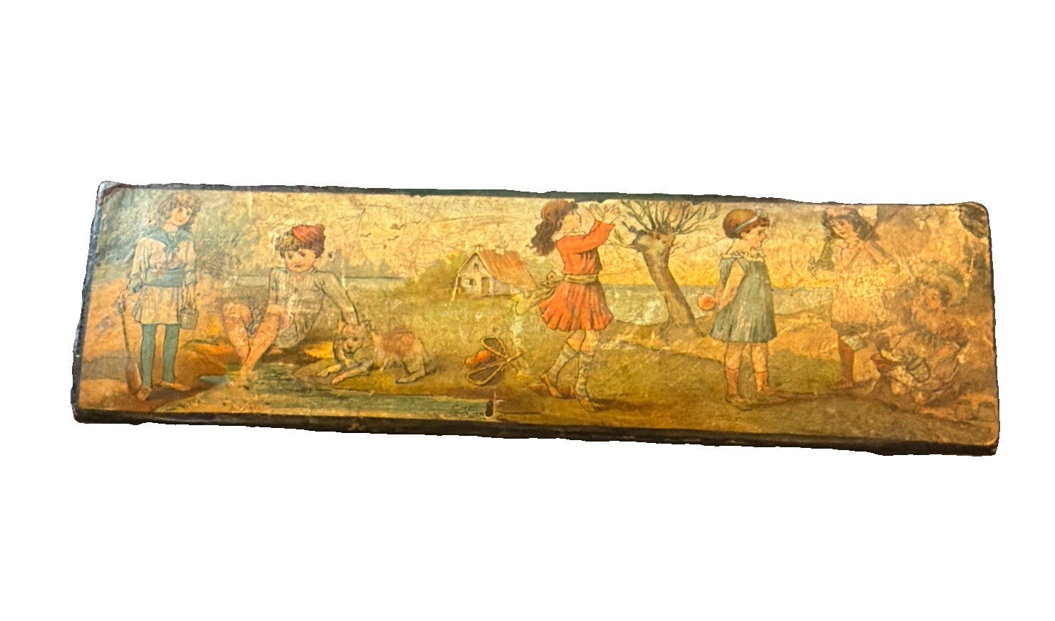 Antique c1900 Victorian German Wooden Pencil Box Children Lithograph Push Lock Antique c1900 Victorian German Wooden Pencil Box Children Lithograph Push Lock
