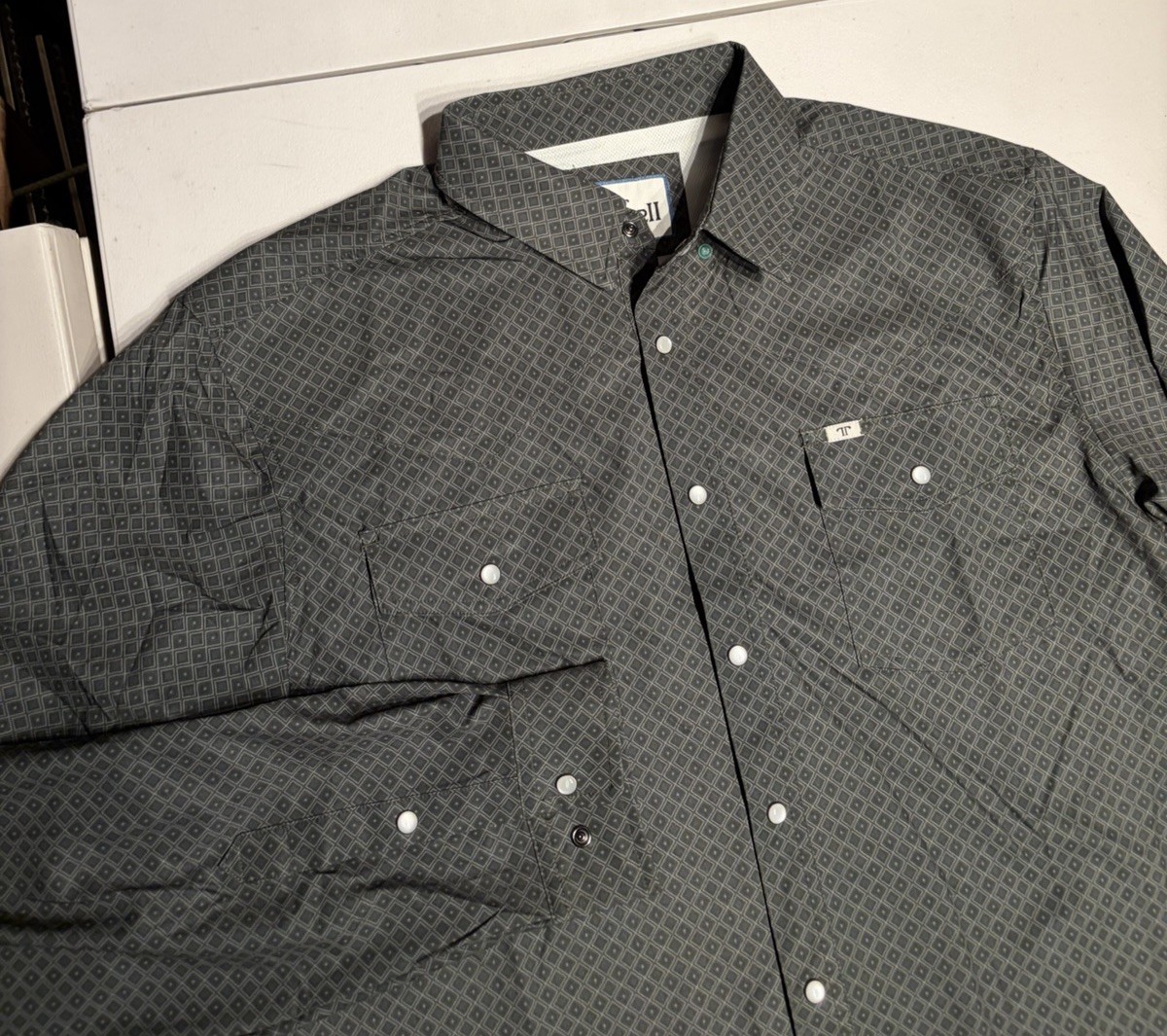 Ferrell Shirt Men’s XL Green Geometric Print Snap Button Up Western Polyester Ferrell Shirt Men’s XL Green Geometric Print Snap Button Up Western Polyester