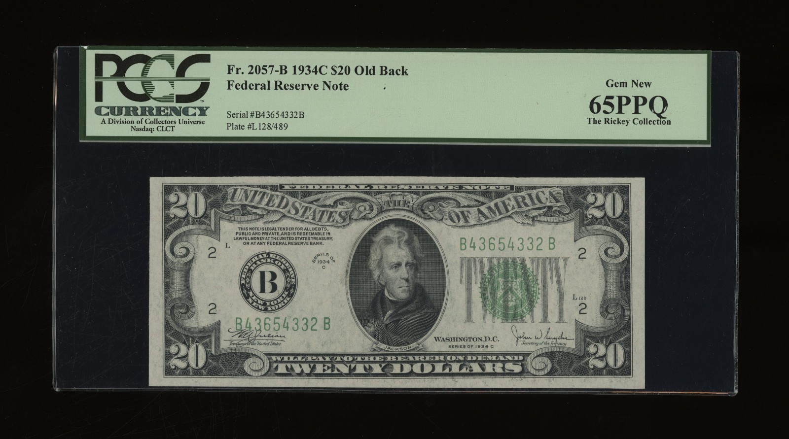DBR 1934-C $20 FRN New York Old Back Fr. 2057-Bob PCGS 65 PPQ Serial B43654332B