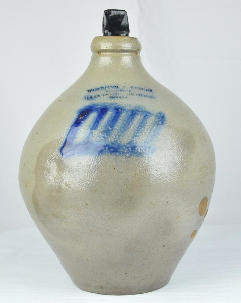 ANTIQUE RARE WHITTIER & GUILD OVOID SALT GLAZED JUG - BANGOR MAINE c1837 - 11\