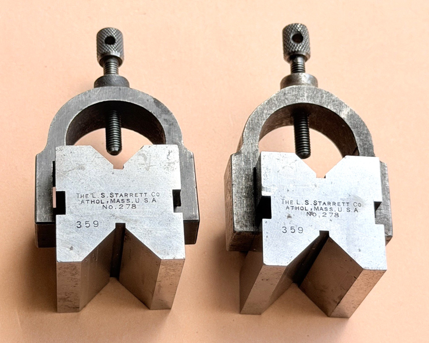 Starrett No. 278 Hardened Steel V-Blocks (1-Pair) With Two Clamps. USA Made