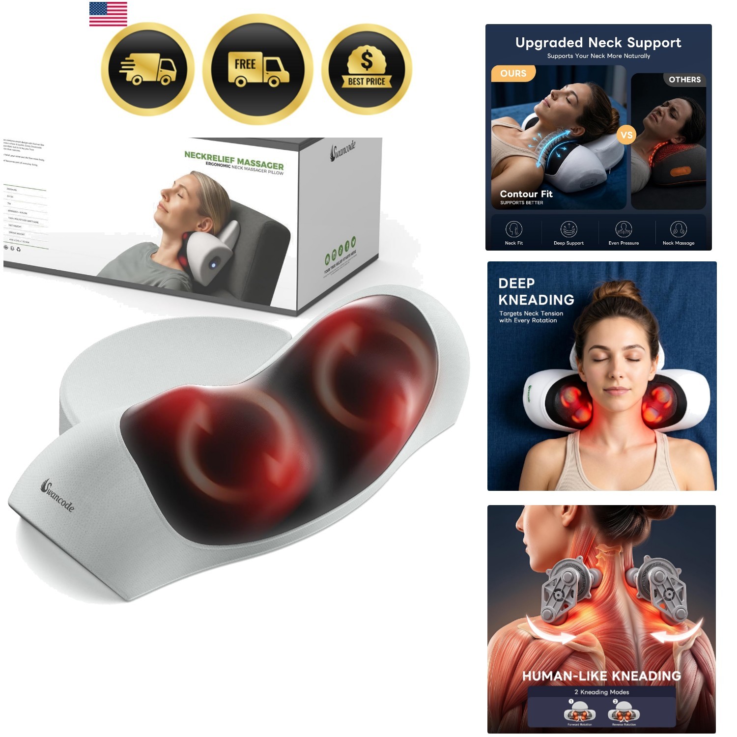 Upgraded 3-in-1 Neck Massager Pillow with Heat, Portable Cordless Neck Massag...