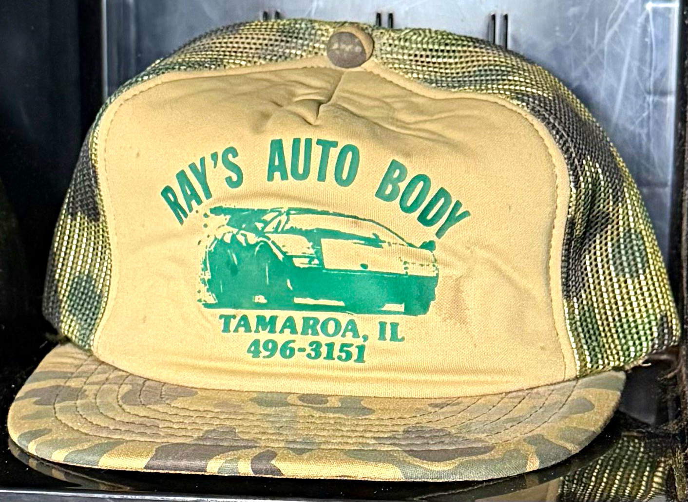 Vintage Ray’s Auto Body Camo Mesh Trucker Hat Yupoong Snapback IL