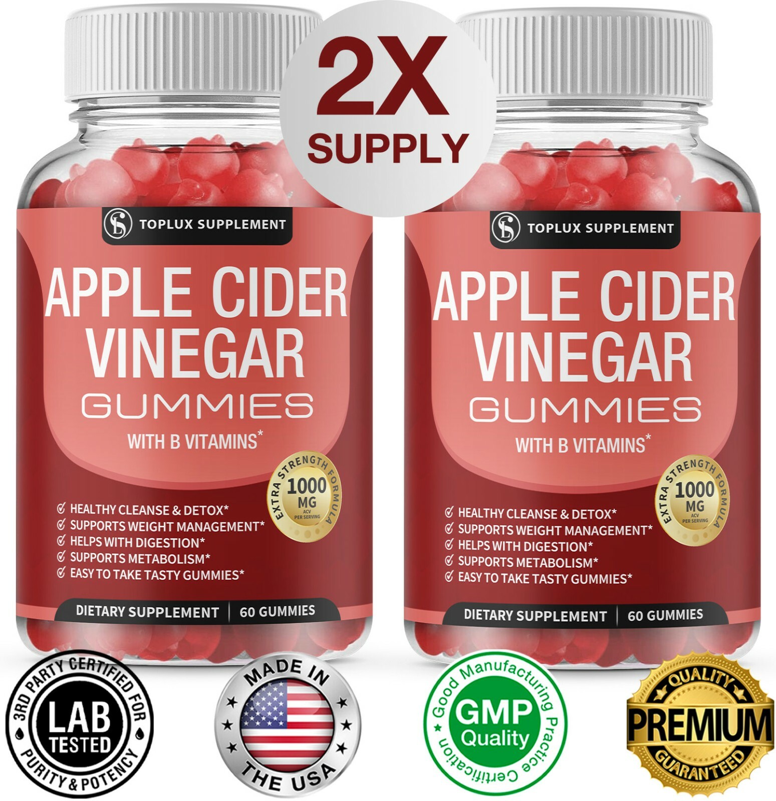 PREMIUM Apple Cider Vinegar (2 PACK) 1000 MG Gummies with Mother 100% Vegan 