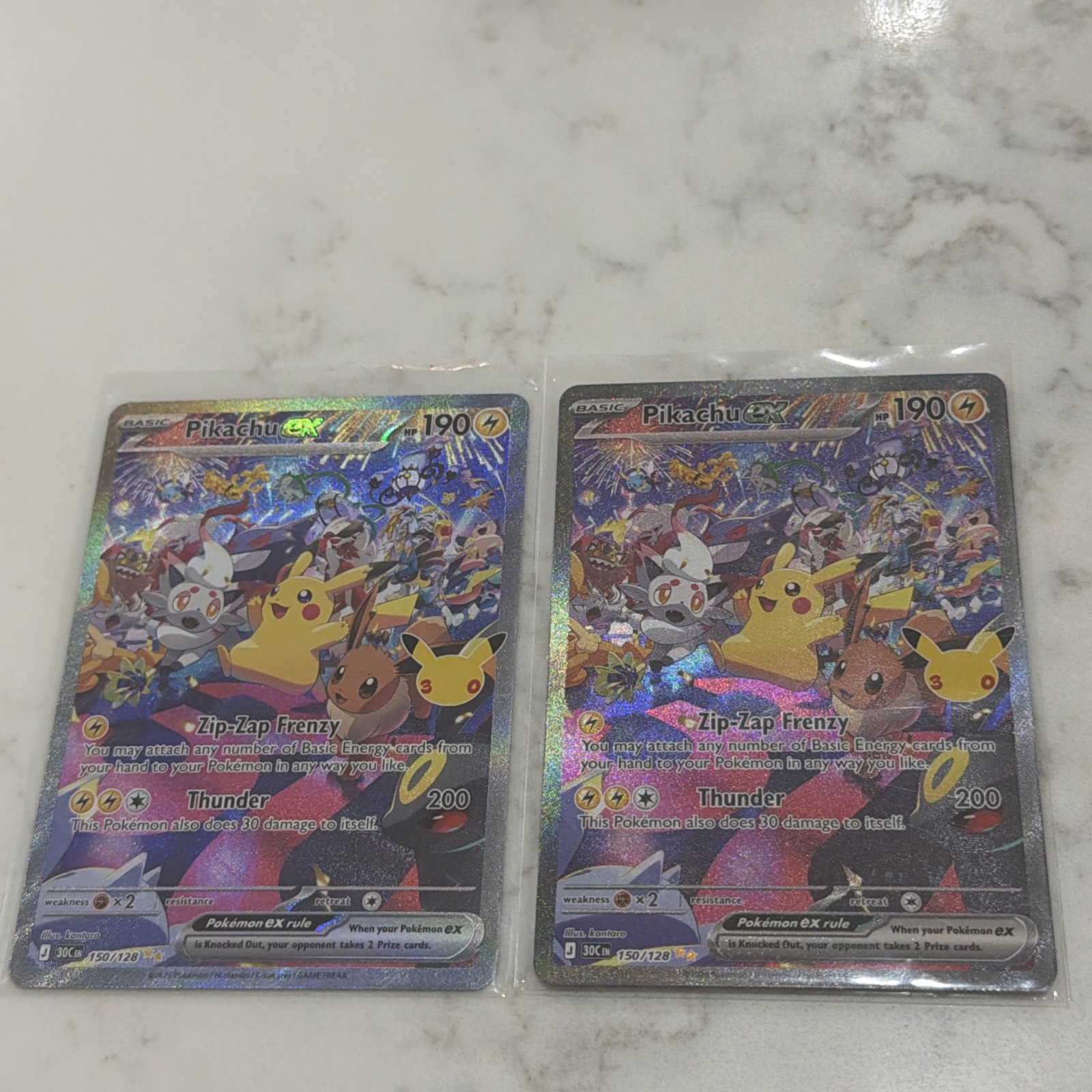Two Pokemon Pikachu Ex #150/128: 30th Celebration Special Illustration Rare Two Pokemon Pikachu Ex #150/128: 30th Celebration Special Illustration Rare