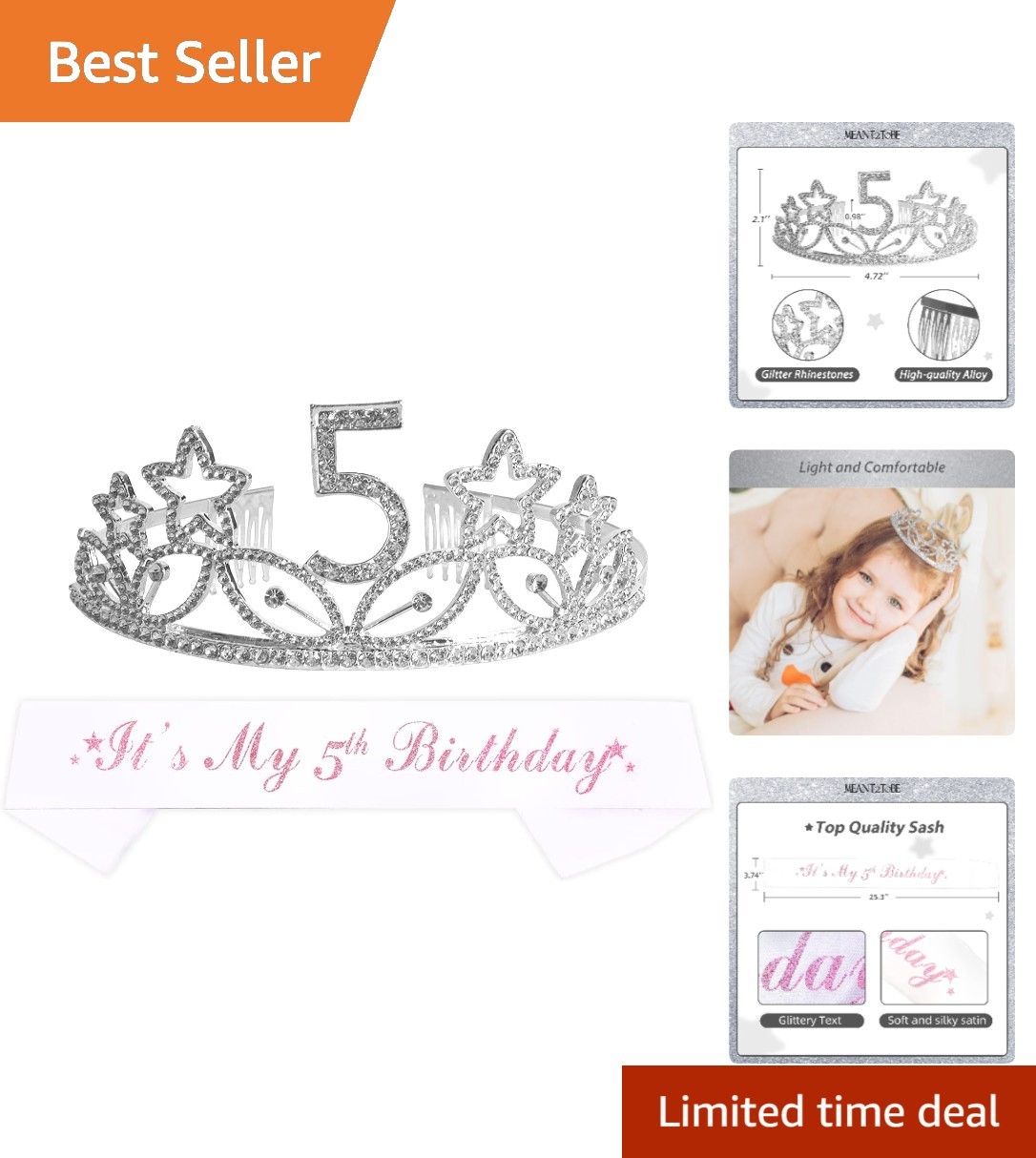 It\'s My 5th Birthday Rhinestone Tiara and Glitter Sash for Princess Parties
