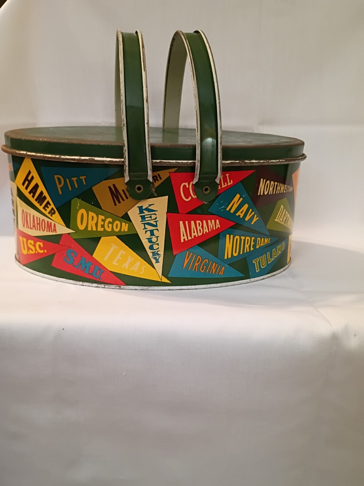 VTG Metal College Pennants Tin Lunch Box W/ Insert Oval Green 1950s Decor 