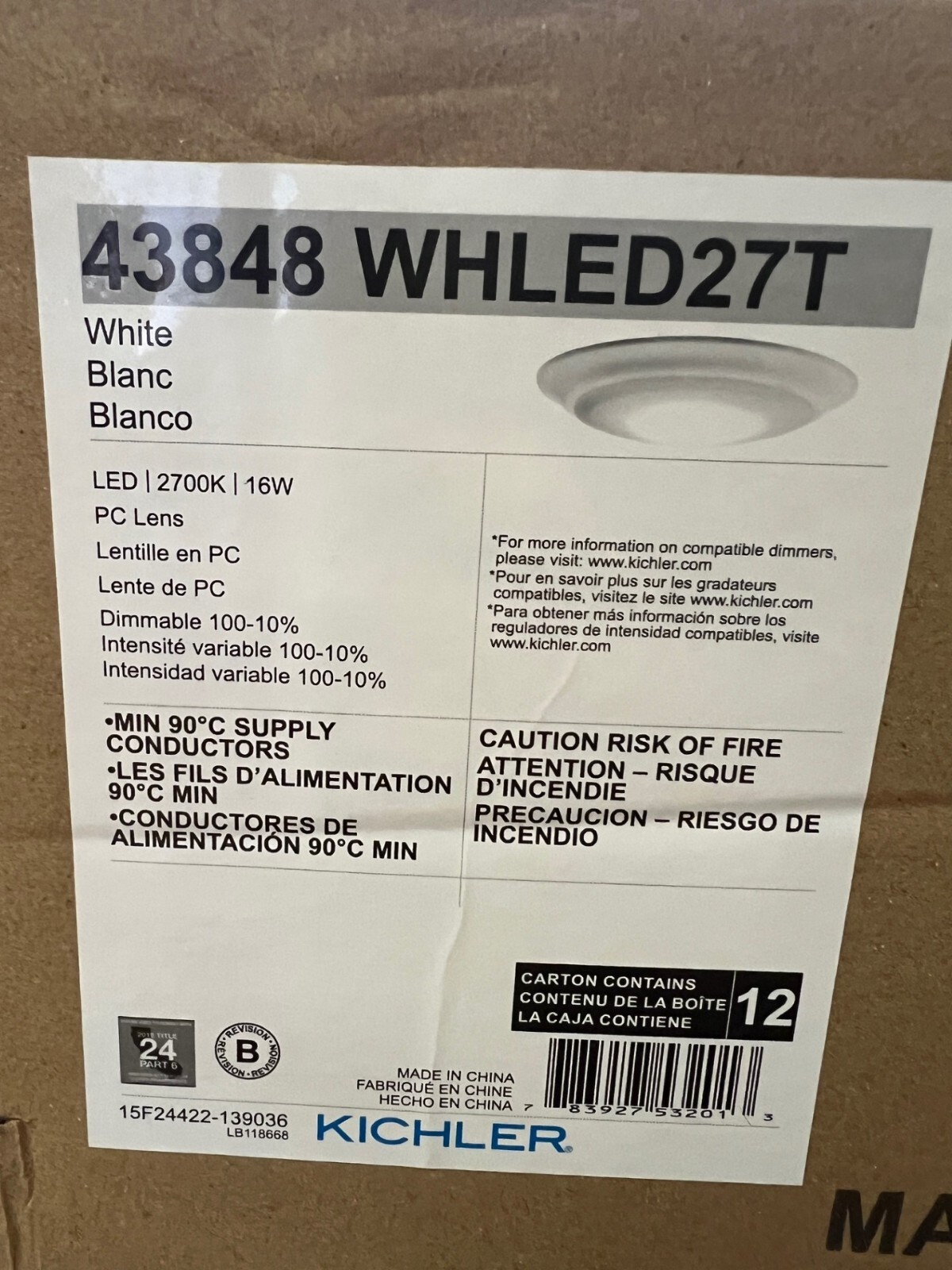 Box of 12 - Kichler 43848WHLED27T LED Flush Mount , White Box of 12 - Kichler 43848WHLED27T LED Flush Mount , White