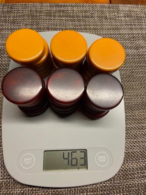 30 Vintage Cranberry Mustard Bakelite Backgammon Checkers 463 grams 39mm 9.5mm