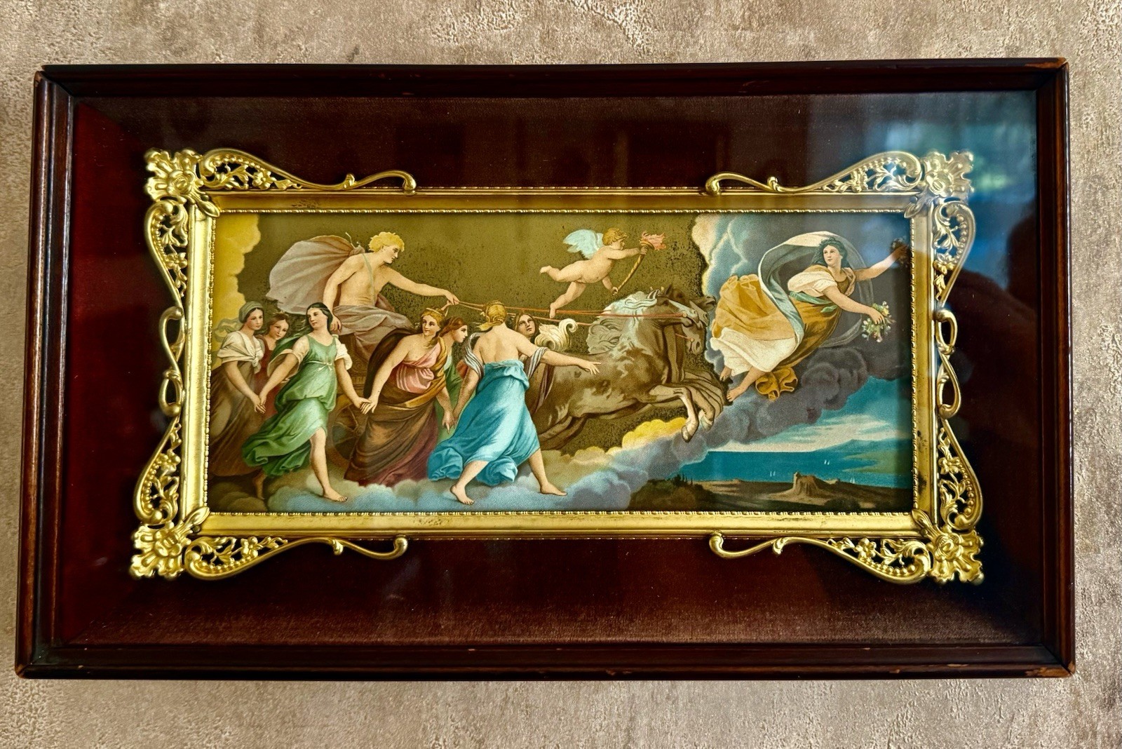 Antique Aurora Guido Reni Chromolithograph Art Nouveau Gilt Shadowbox Frame Antique Aurora Guido Reni Chromolithograph Art Nouveau Gilt Shadowbox Frame