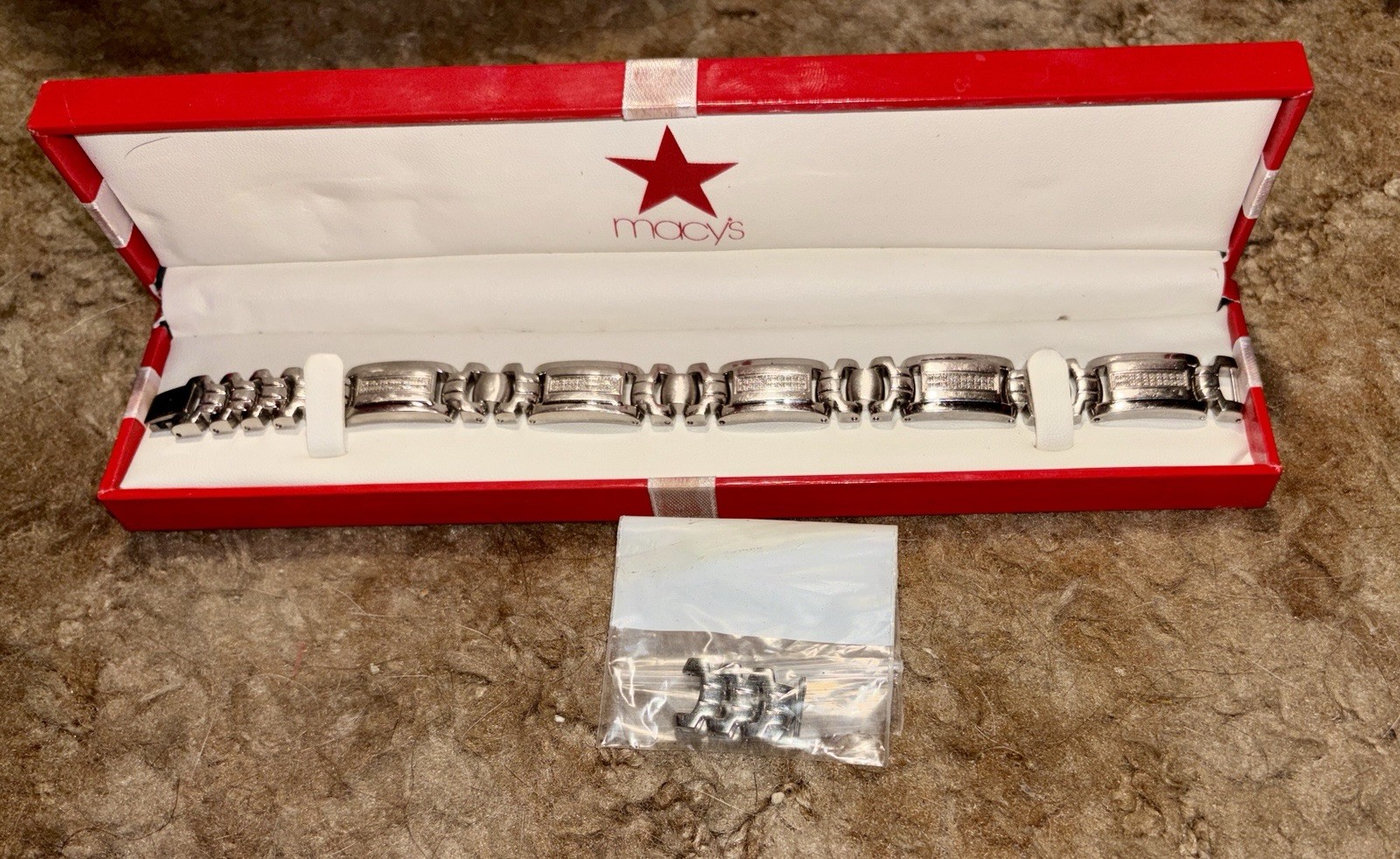 Macy\'s Men\'s Stainless Steel Link Bracelet Genuine Diamond w/ Box Extra Links
