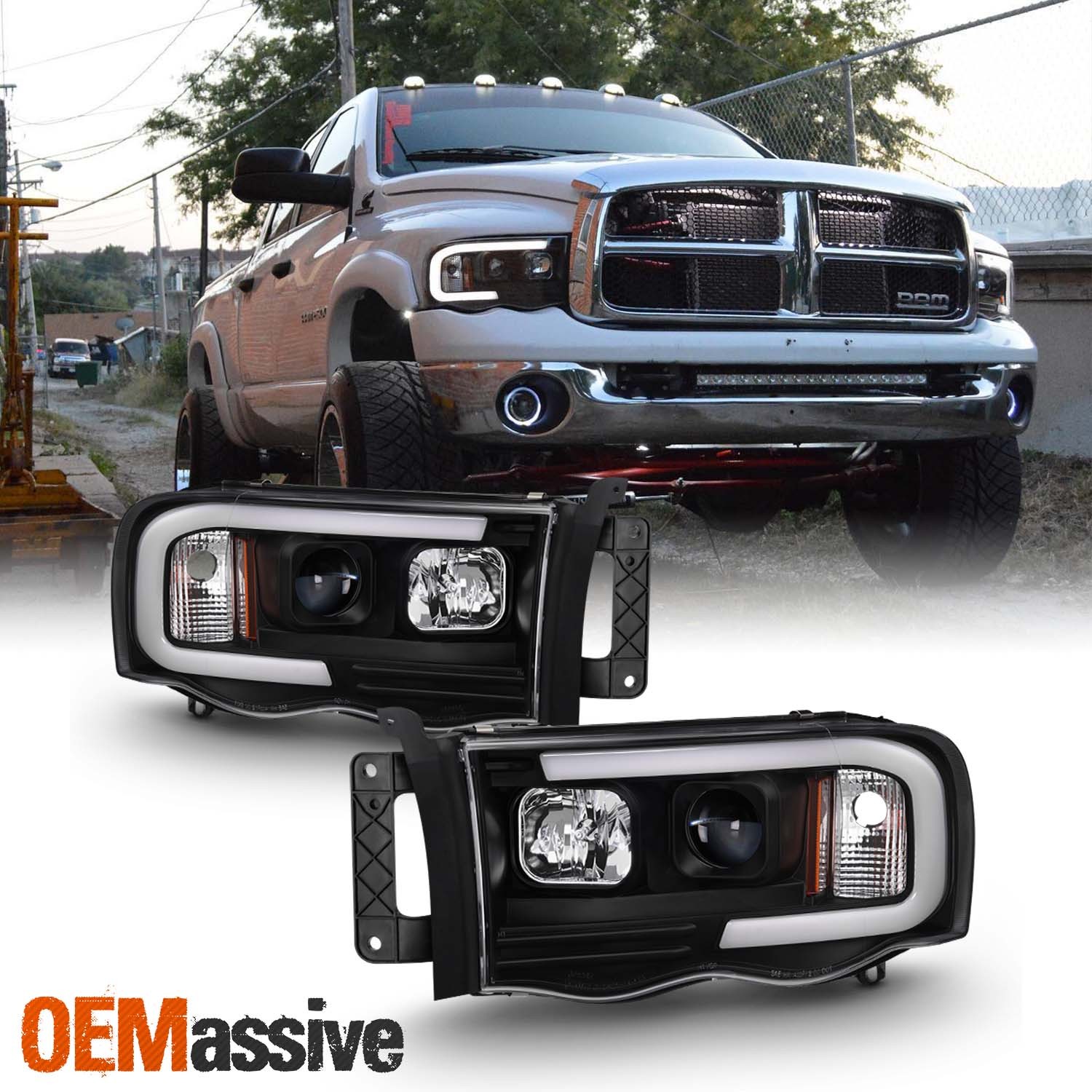 For 02-05 Dodge Ram 1500 | 03-05 2500/3500 Light Bar Projector Headlights Black