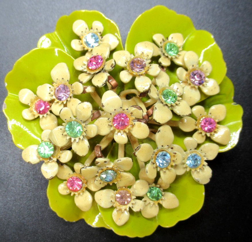 Beautiful Pastel Rhinestone Yellow Enamel Flower Vintage Pin Brooch