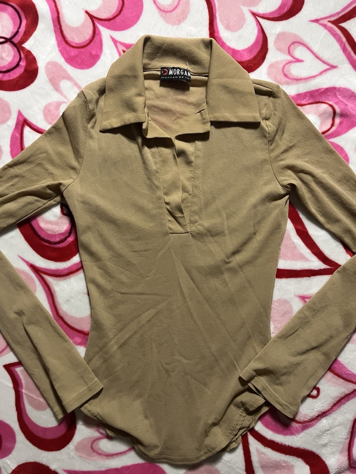 Vintage Morgan de Toi Y2K Tan Deep V Neck Long Sleeve Top Size 1 Made USA Vintage Morgan de Toi Y2K Tan Deep V Neck Long Sleeve Top Size 1 Made USA