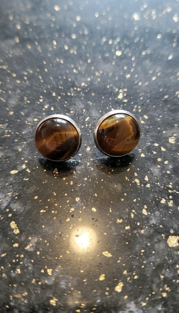 Handmade Yellow Tiger\'s Eye Stainless Steel Stud Earrings