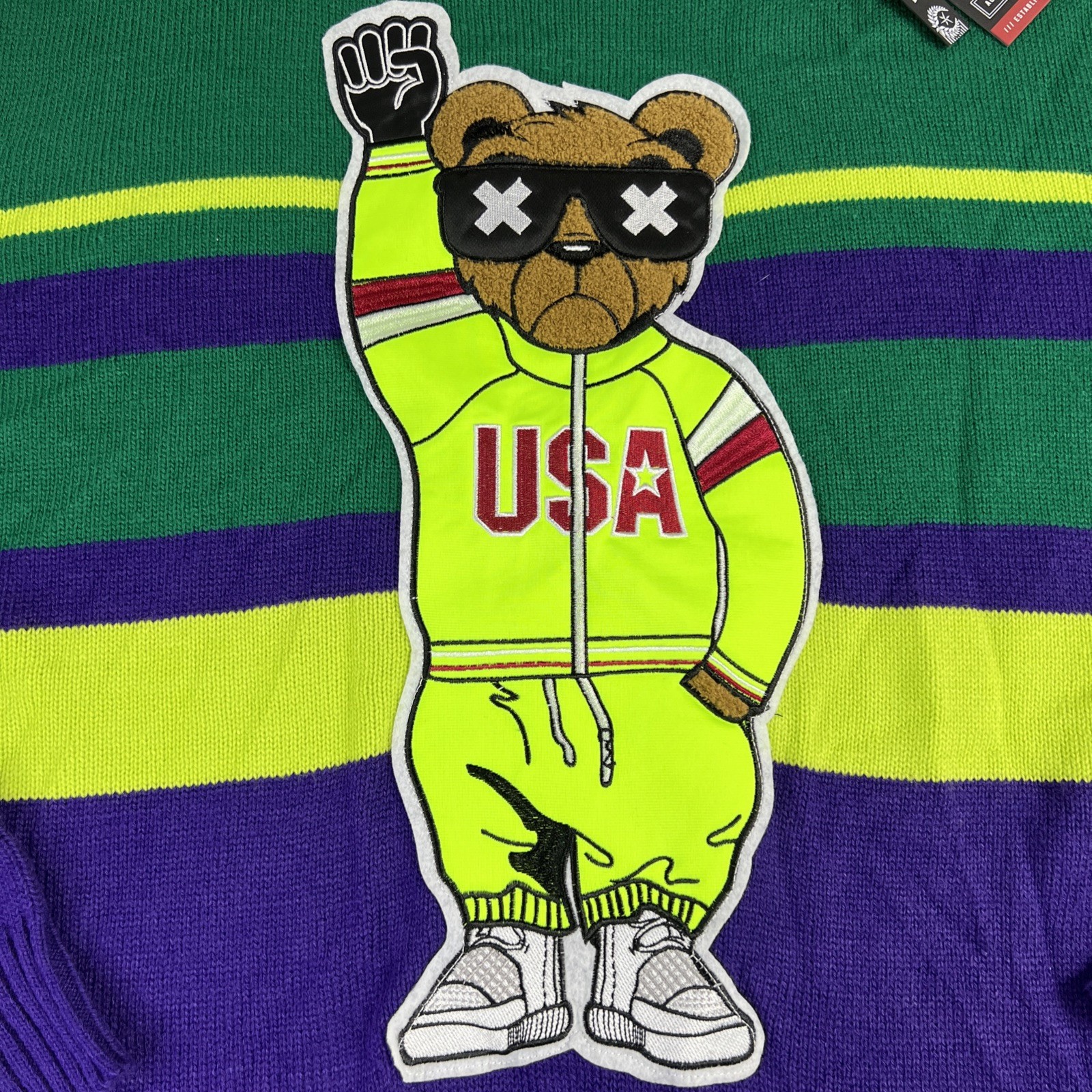 Black Pike Bear USA Sunglasses Sweater Men XL Purple Neon NWT $58