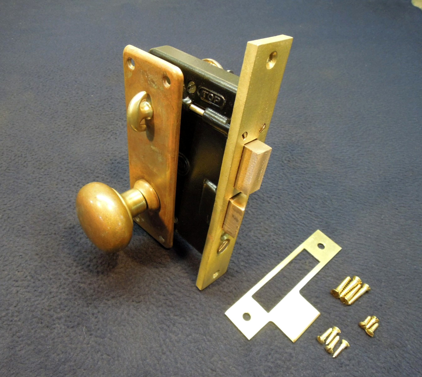 Antique Entry Mortise Lock Brass Knobs & Rose, Cylinder w/ 2 keys - Penn #9500