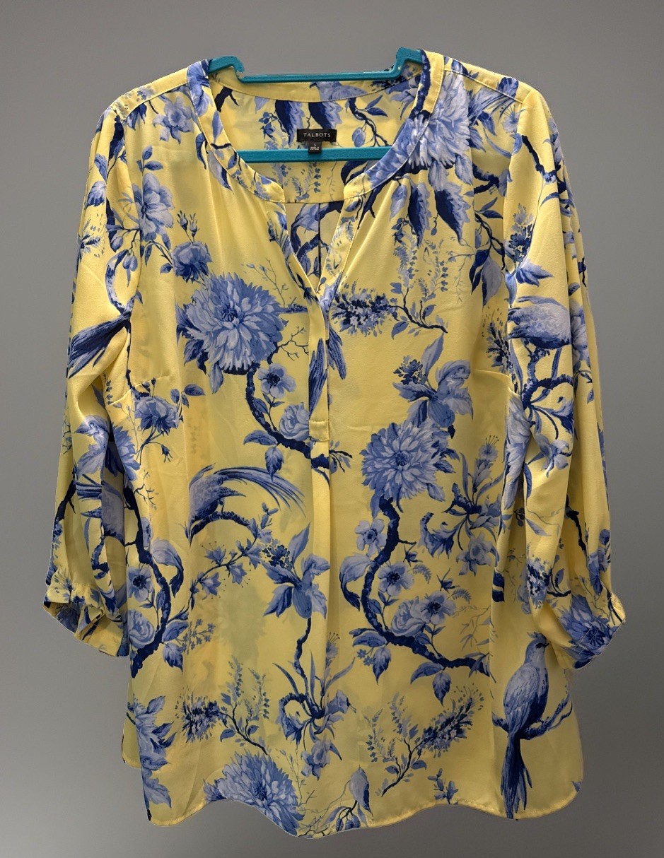 Talbots Yellow & Blue Bird Floral Blouse With 3/4 Sleeves Size L top