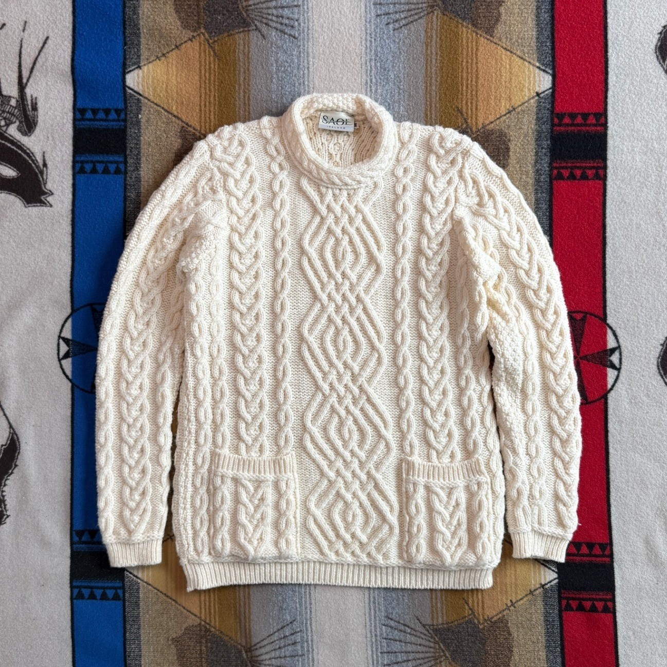 Saol Ireland Merino Wool Cable Knit Sweater Cream White Aran Fisherman Womens M