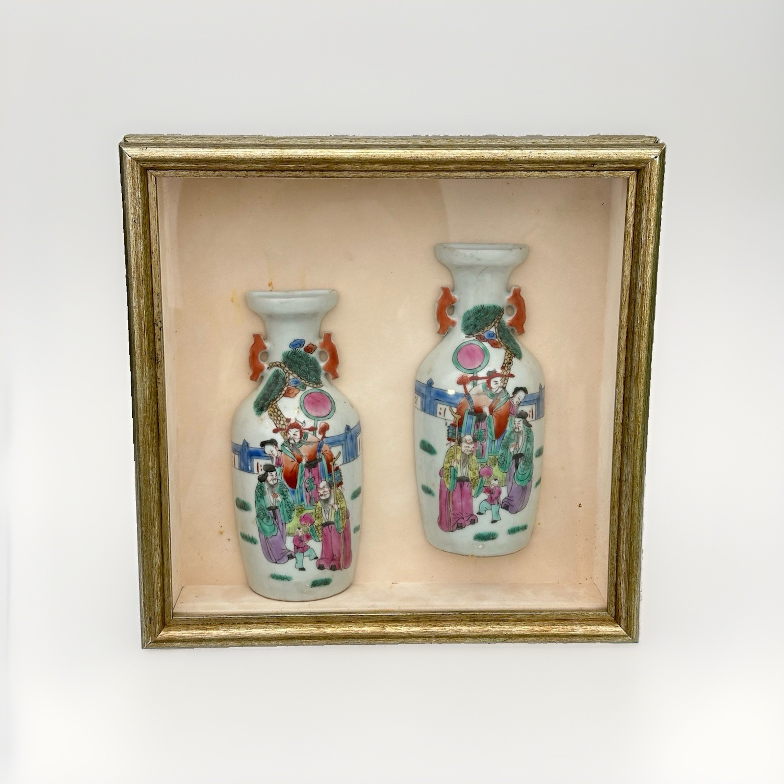 Vintage Chinese Famille Rose Porcelain Wall Pocket Vases Pair Framed Shadow Box