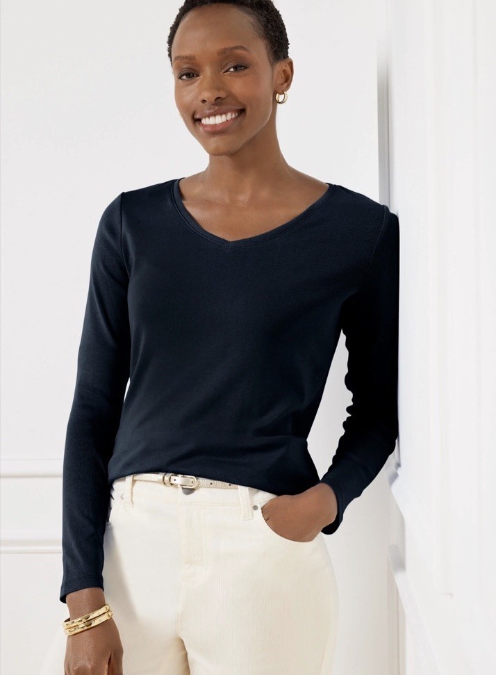 NWT Talbots Women’s Size 2X Black Pima Cotton V-Neck Long Sleeve Pullover Tee