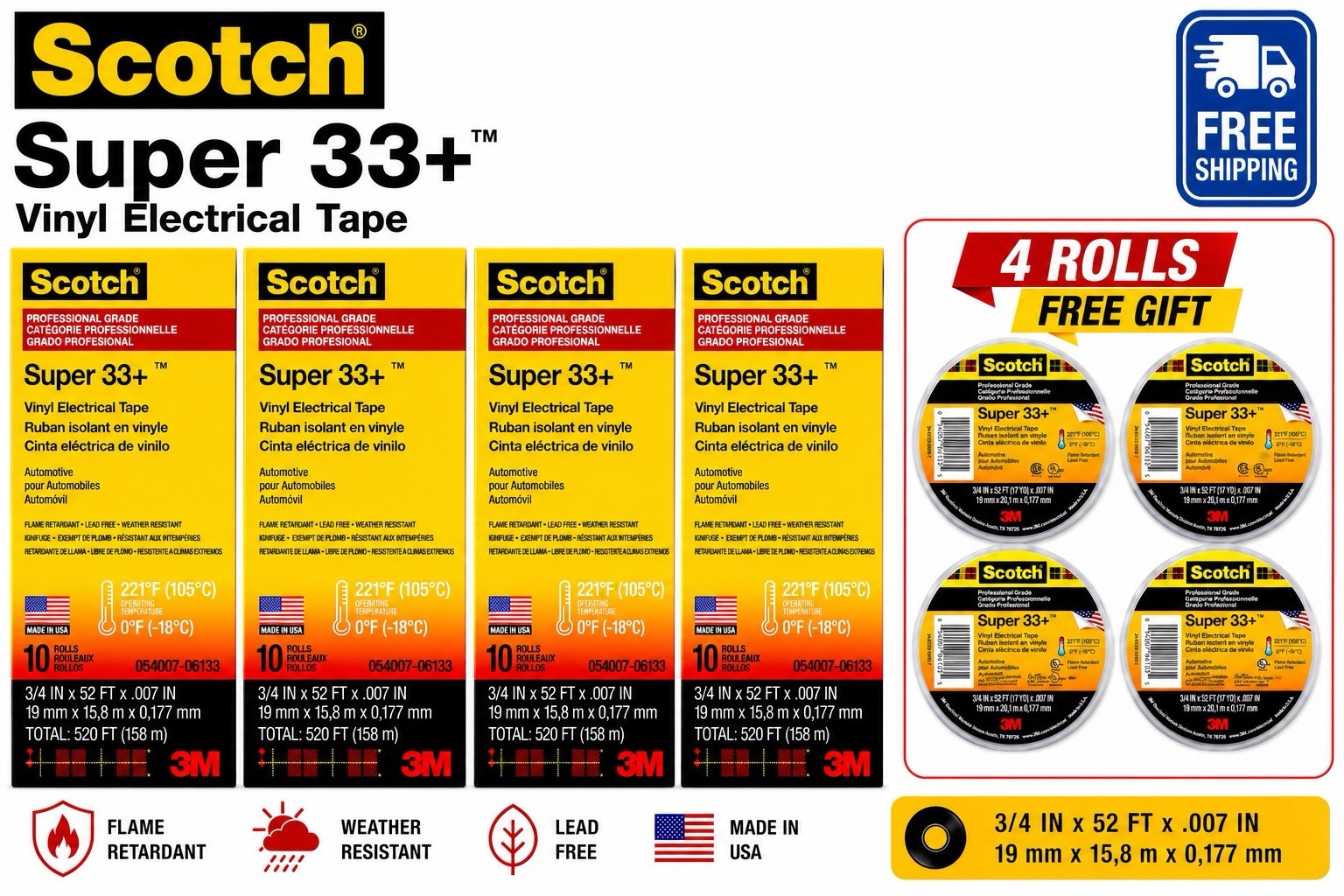 Scotch 3M Super 33+ Vinyl Electrical Tape, 4 BOXES (40 ROLLS) + FREE GIFT 🎁