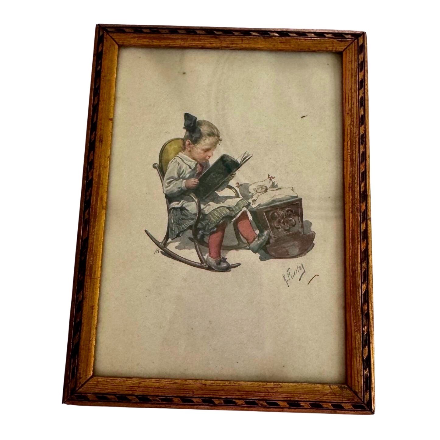 Antique Karl Feuerle Signed Children\'s Illustration Fine Gilt Wood Inlay Frame