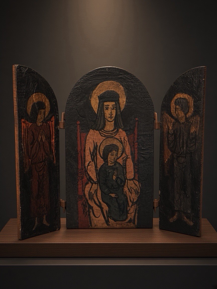 Antique Folk Art Wooden Triptych Madonna Child Angels Religious Icon Hinged Door