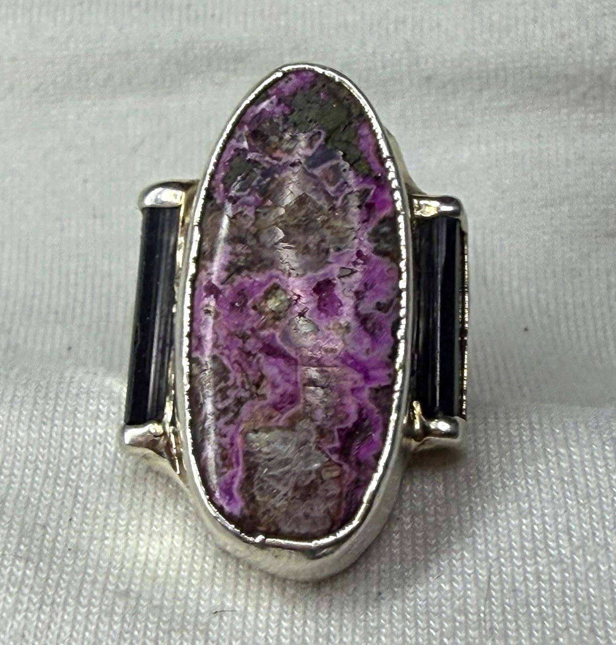 Steven Ruse Designs, handmade Cobalto Calcite and Black Tourmaline Ring.