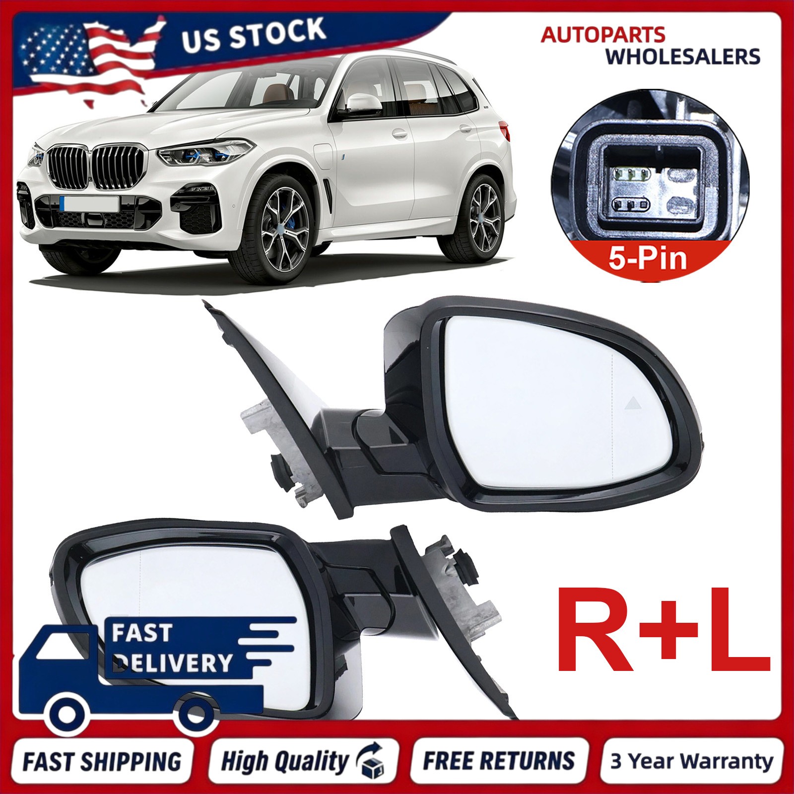 Pair 2Pcs 5Pin Memory Blind Line white Painted Power Mirror For BMW X5 2019-2022