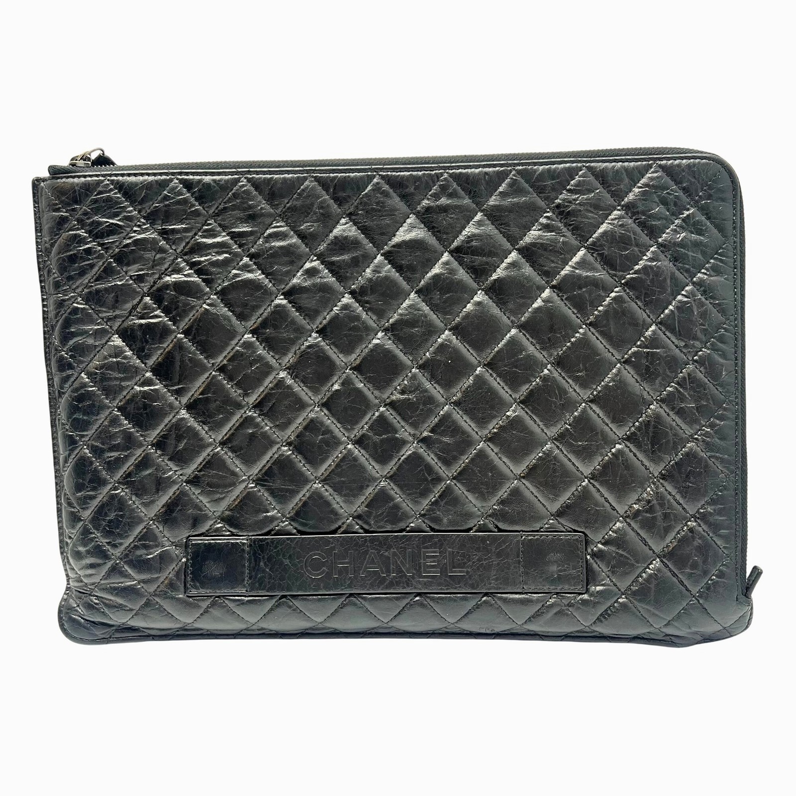 CHANEL Black Calfskin Leather Quilted Clutch 