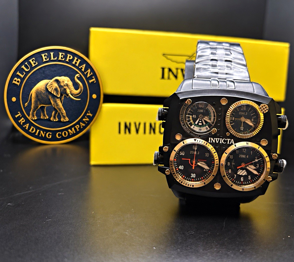Invicta 49606 Aviator Zulu Time 4-Zone 50mm Black Gold Men’s Watch New Box