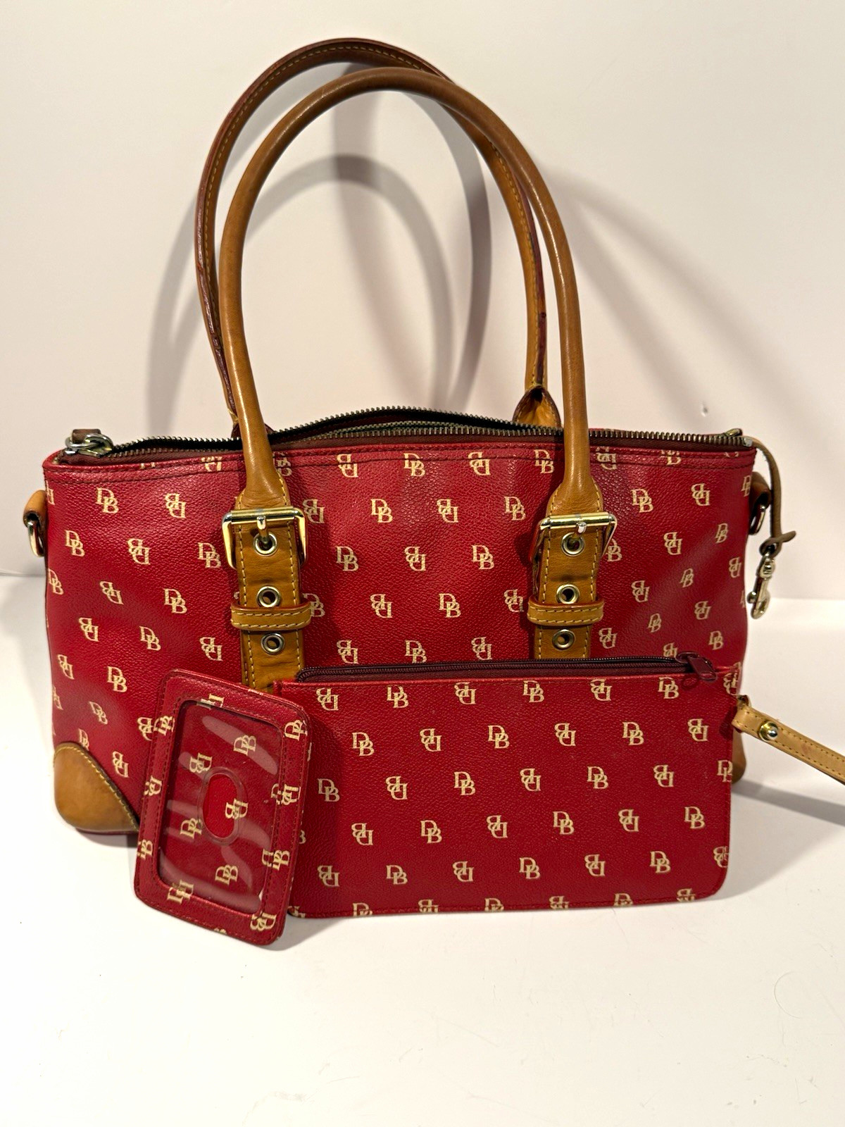 Dooney & Bourke Red/Tan Logo Satchel Top Handle Zip Gold Detachable Strap Set