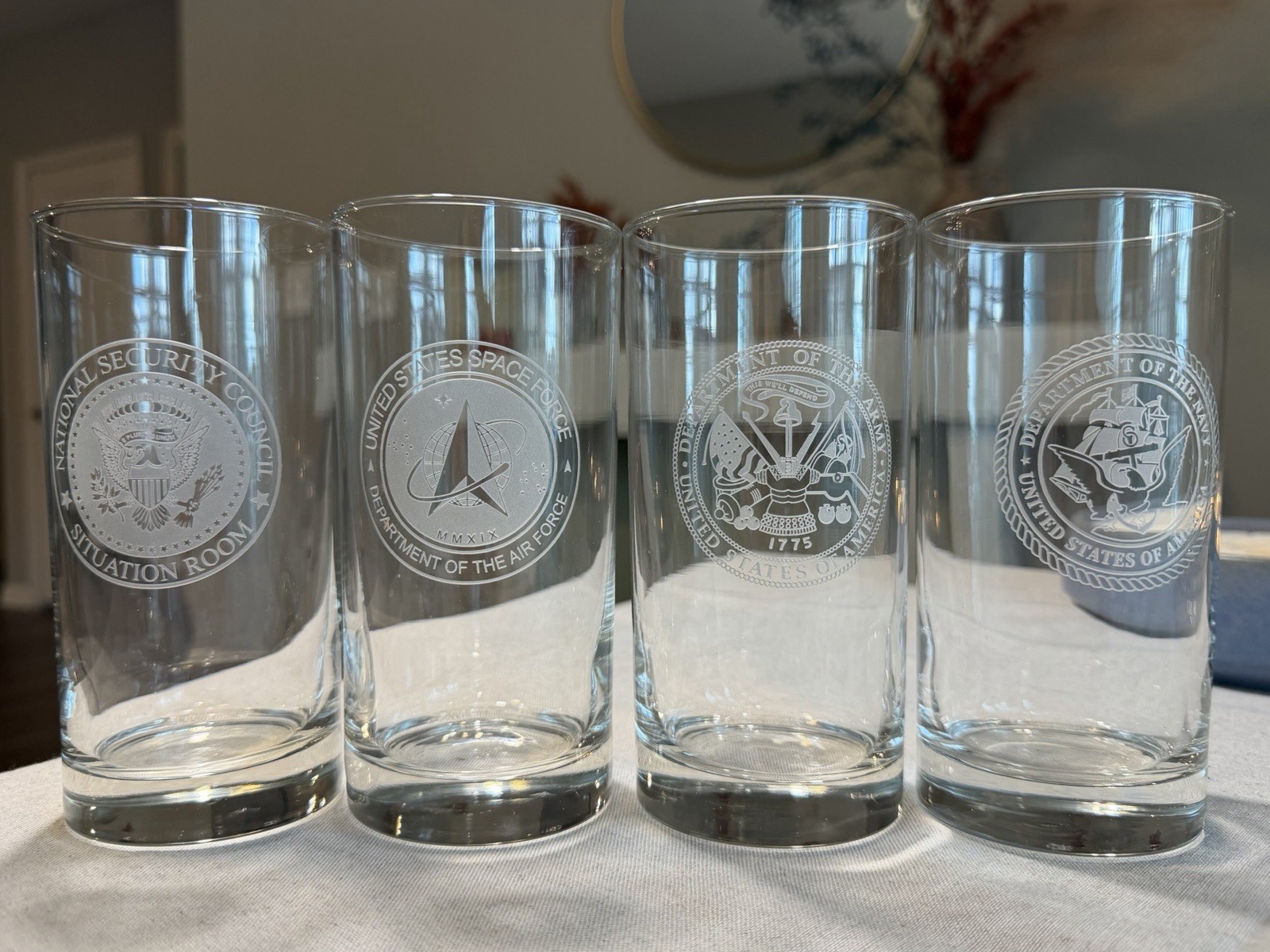 NSC Situation Room Space Force Army Navy Tall Etched Glasses Lot of 4 NSC Situation Room Space Force Army Navy Tall Etched Glasses Lot of 4