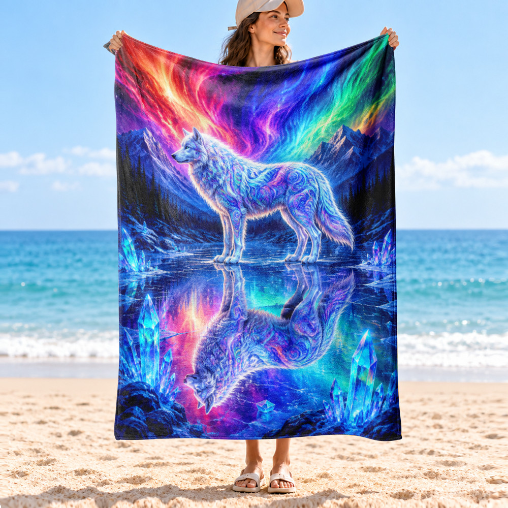 Aurora Wolf Reflection Coral Fleece Blanket Northern Lights Wildlife