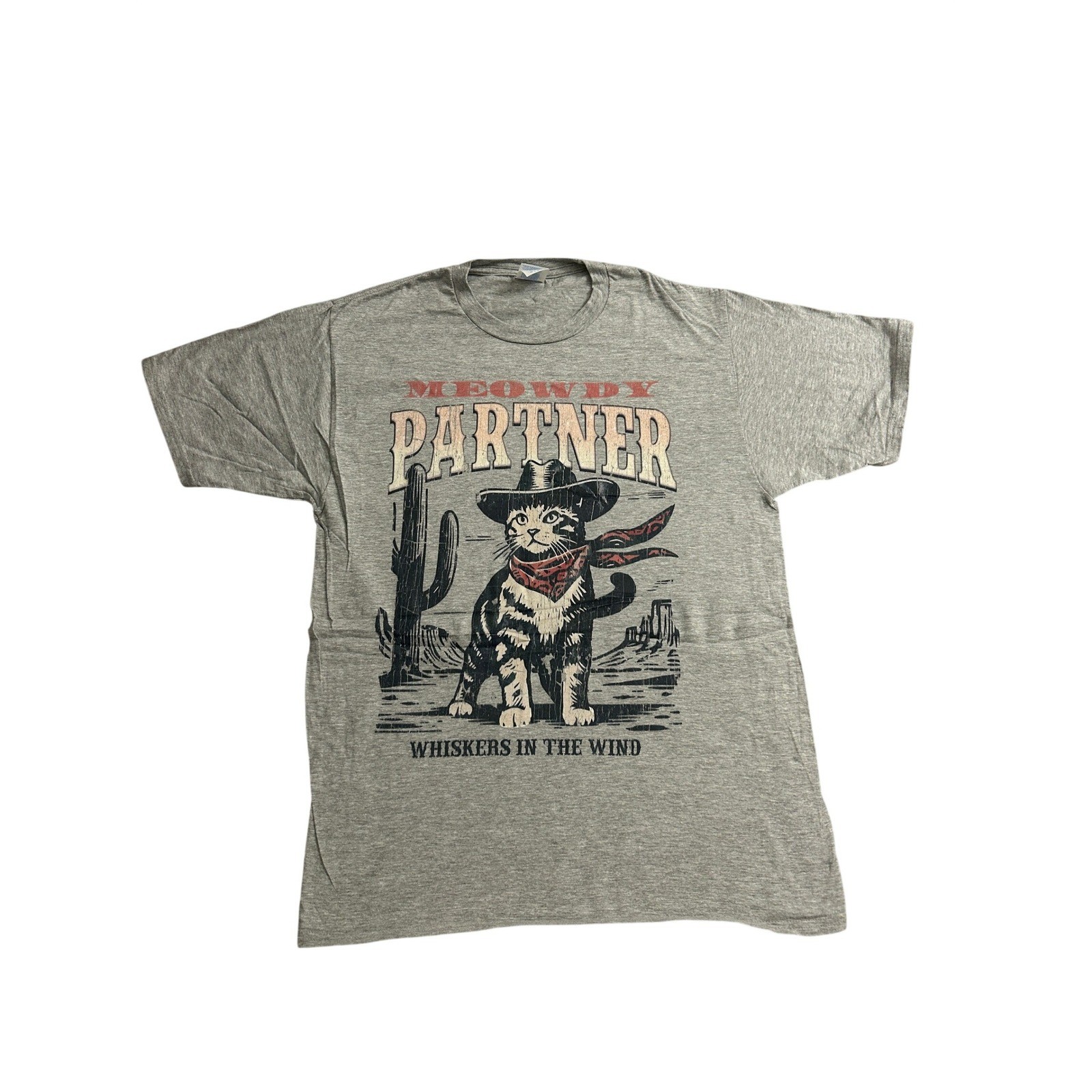Port & Company Graphic Tee Mens Medium Gray Excellent Meowdy Partner Cowboy Cat