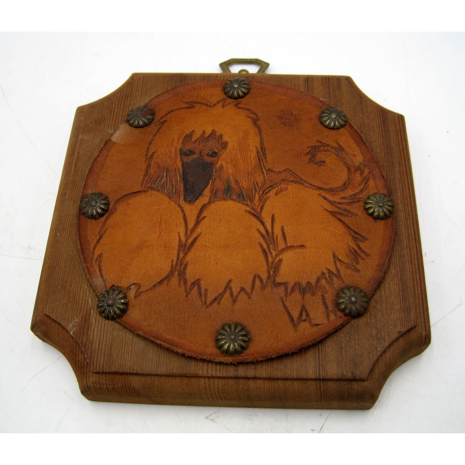 VTG Hand Made Leather Art Wall Hanging Afghan Hound Dog Val Hiller Oregon 5 1/2\