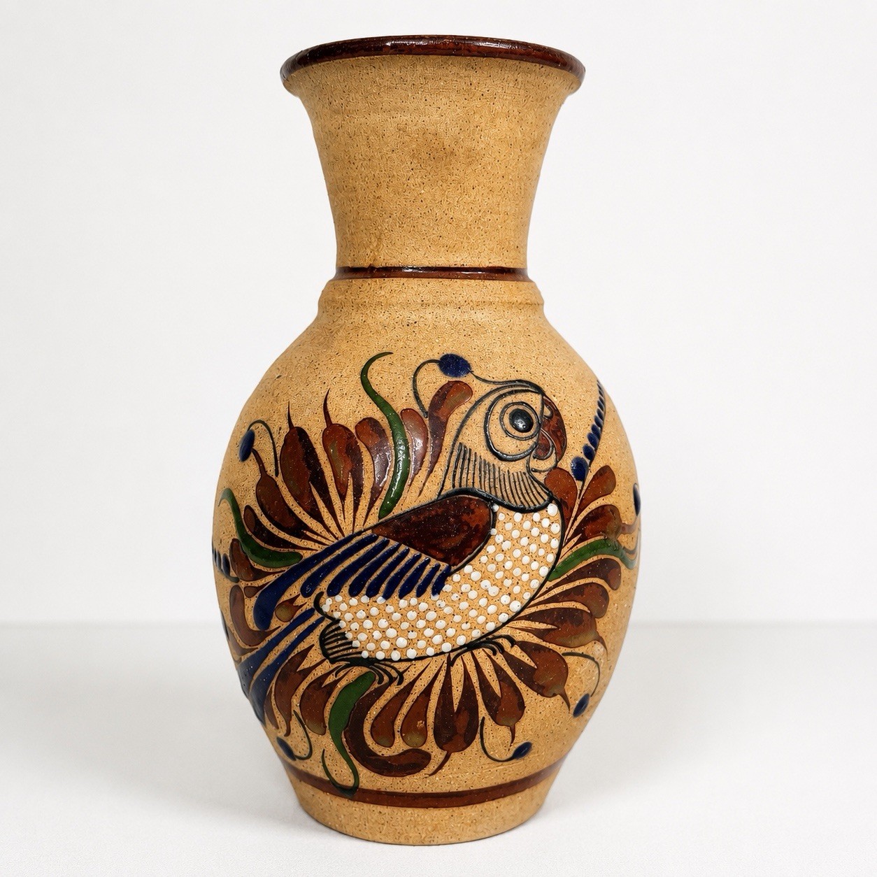Tonala Mexico Pottery Folk Art Blue Bird Floral Hand Painted Sandstone Vase Vtg