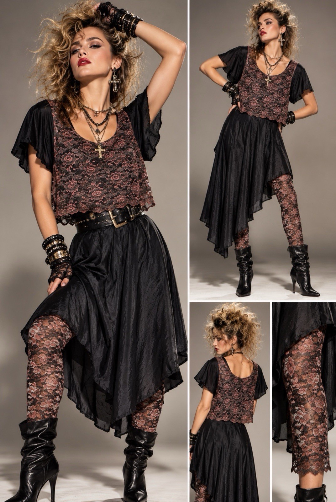 Vintage 2 PC Set ELLE 80s Silk Lace Overlay Skirt Legging Madonna Style Gothic L