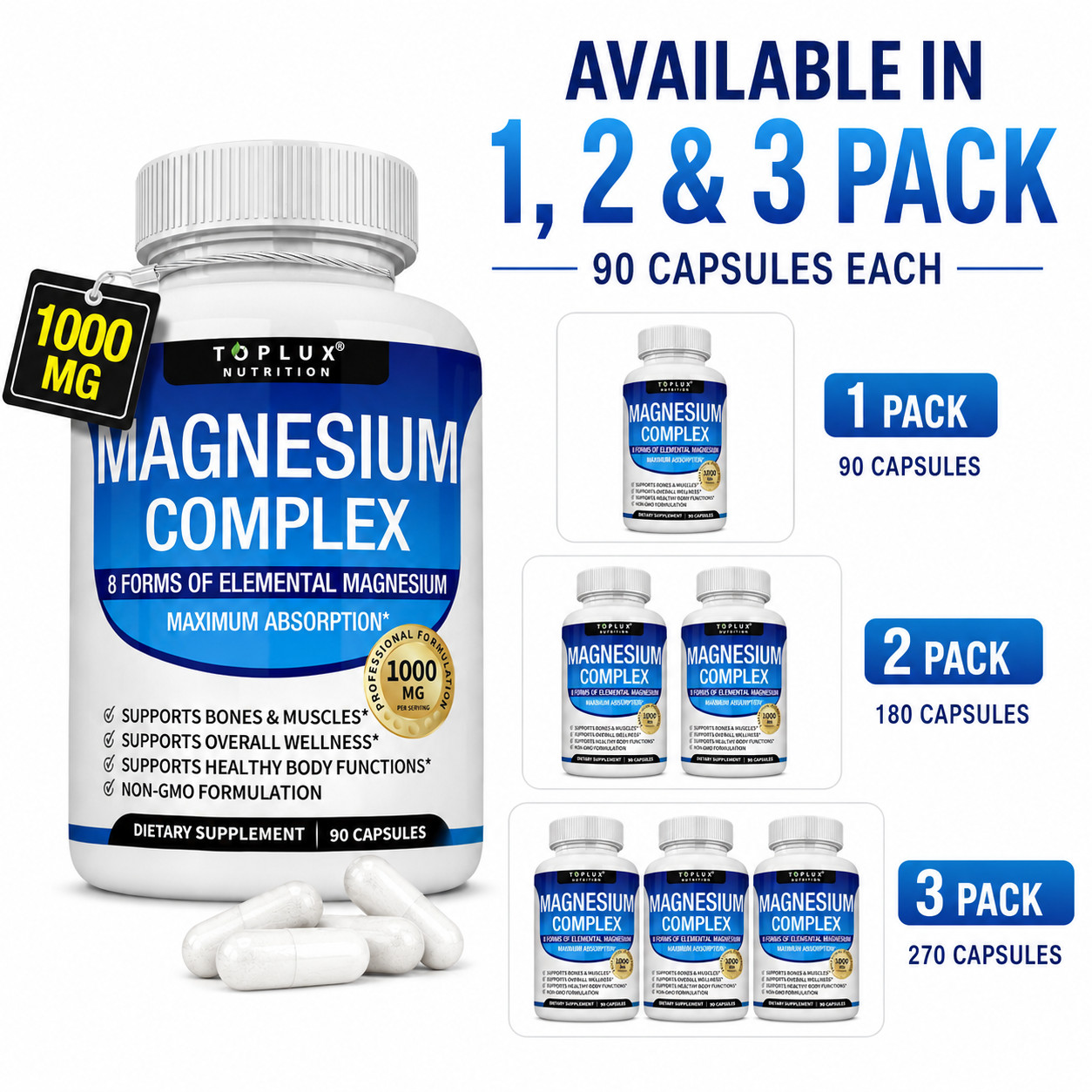 1-3 Pack Magnesium Complex 1000mg 8 Element Blend Vegan Non-GMO 90 Caps Each