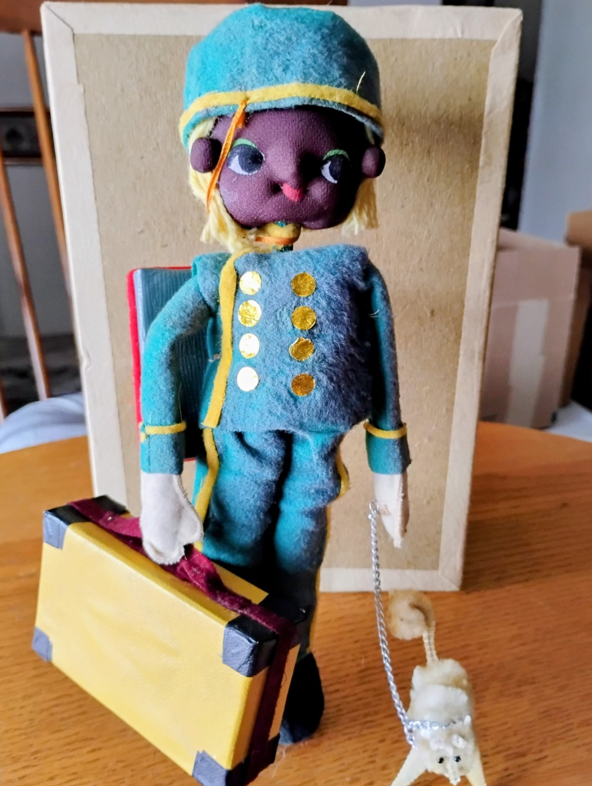 Vtg 1960s Bradley Style Big Eye Pose Doll Bellhop Porter Felt Uniform Dog Japan