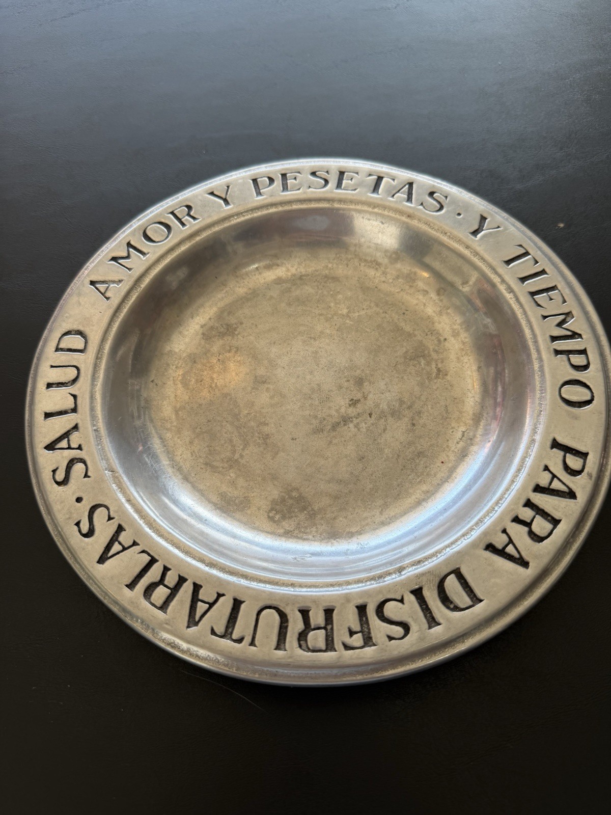 Vintage Wilton Armetale Pewter Spanish Toast Bowl Salud Amor Y Pesetas Plate Vtg