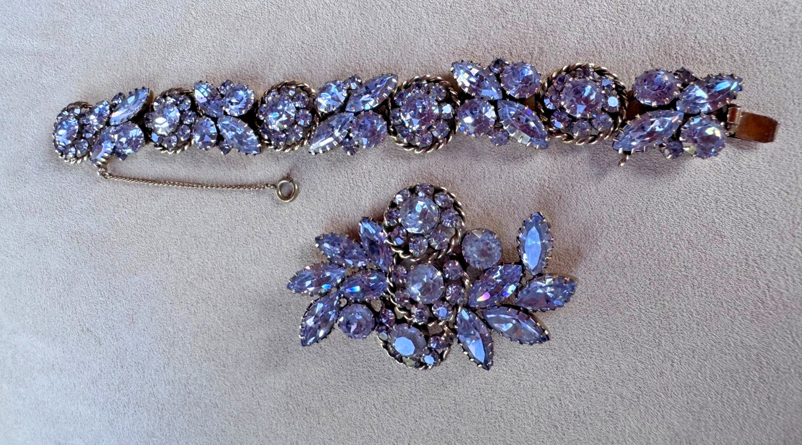 KRAMER OF NY Lavender Rhinestone Bracelet Brooch Demi Parure Set Vintage KRAMER OF NY Lavender Rhinestone Bracelet Brooch Demi Parure Set Vintage
