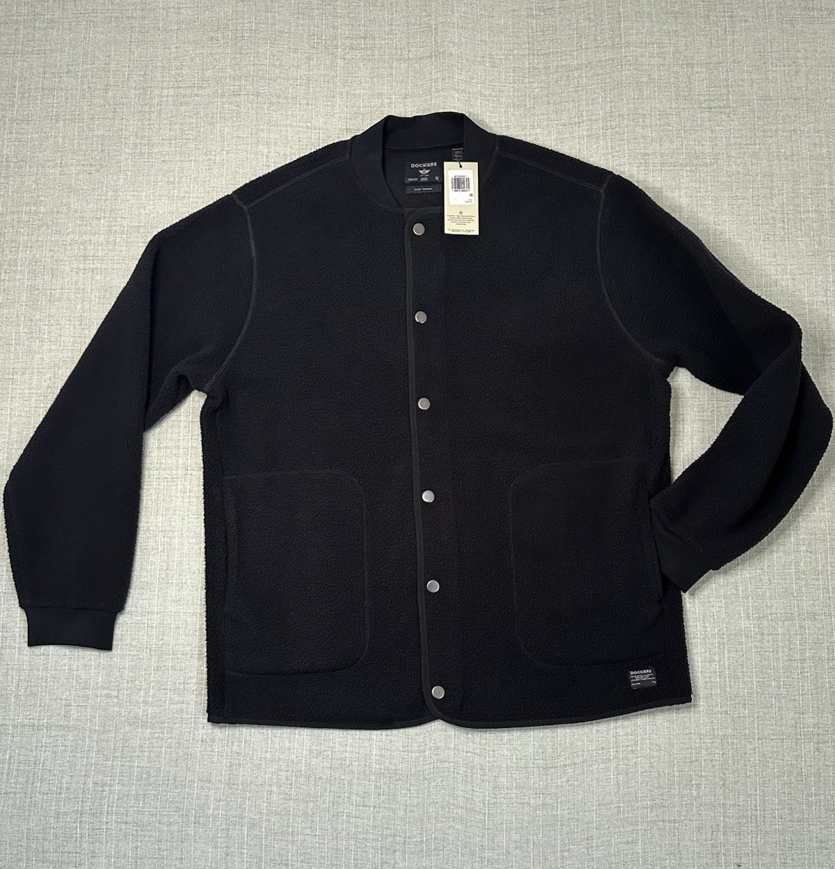 NWT Dockers Men’s Collarless Sherpa Fleece Jacket Snap Cardigan Black Size XL
