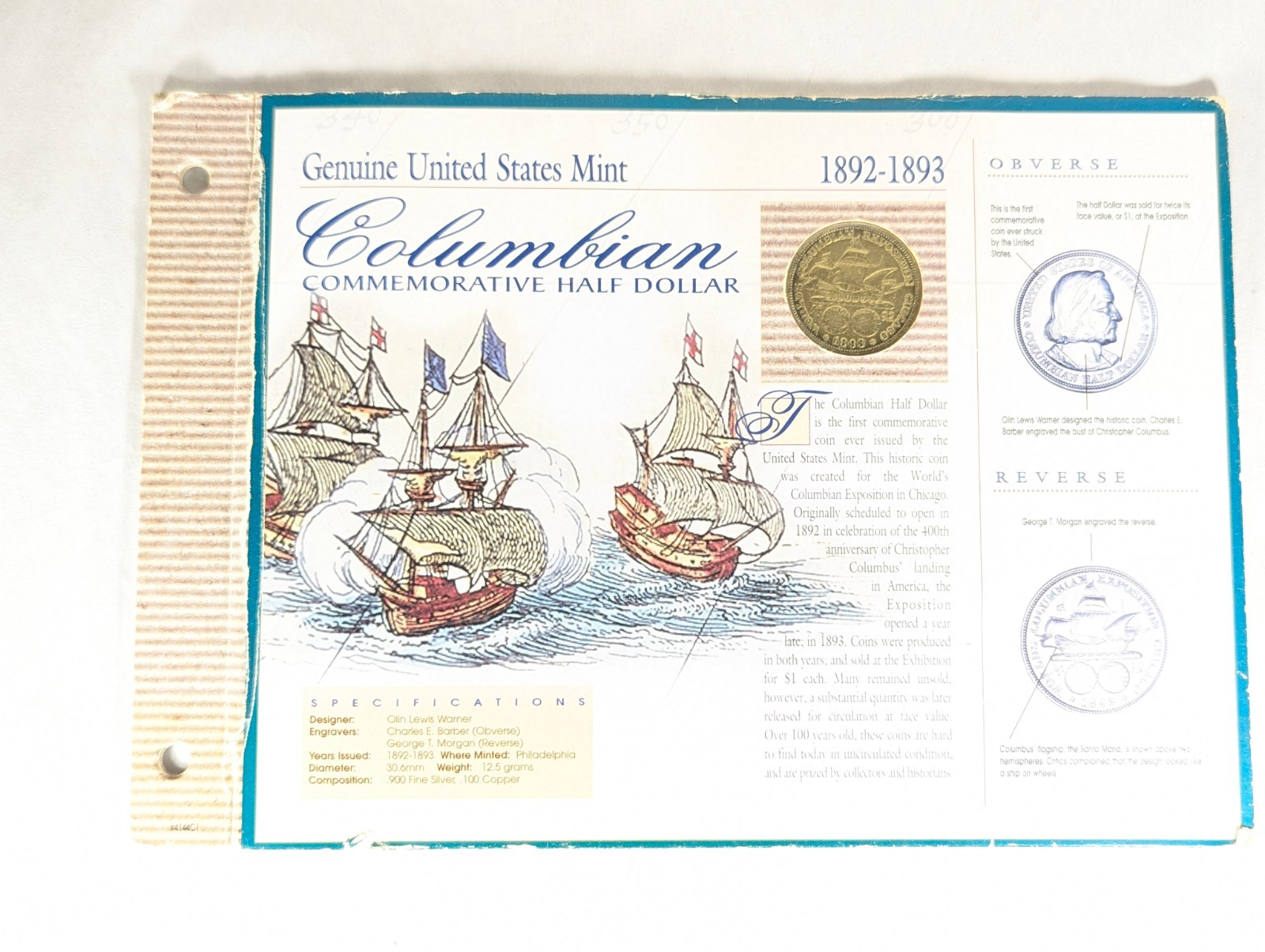 1893 Christopher Columbus Chicago World\'s Columbian Expo Silver Half Dollar COA