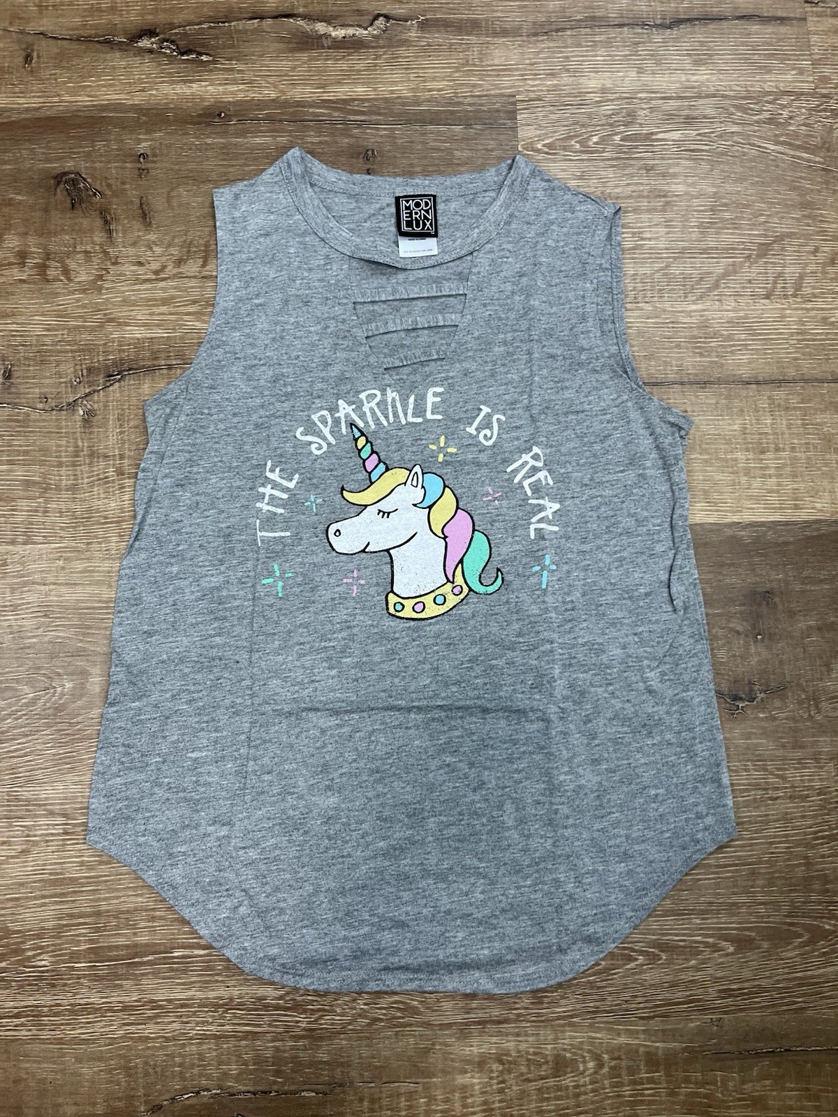 Modern Lux Unicorn Gray Sleeveless T Shirt Womens M Medium 
