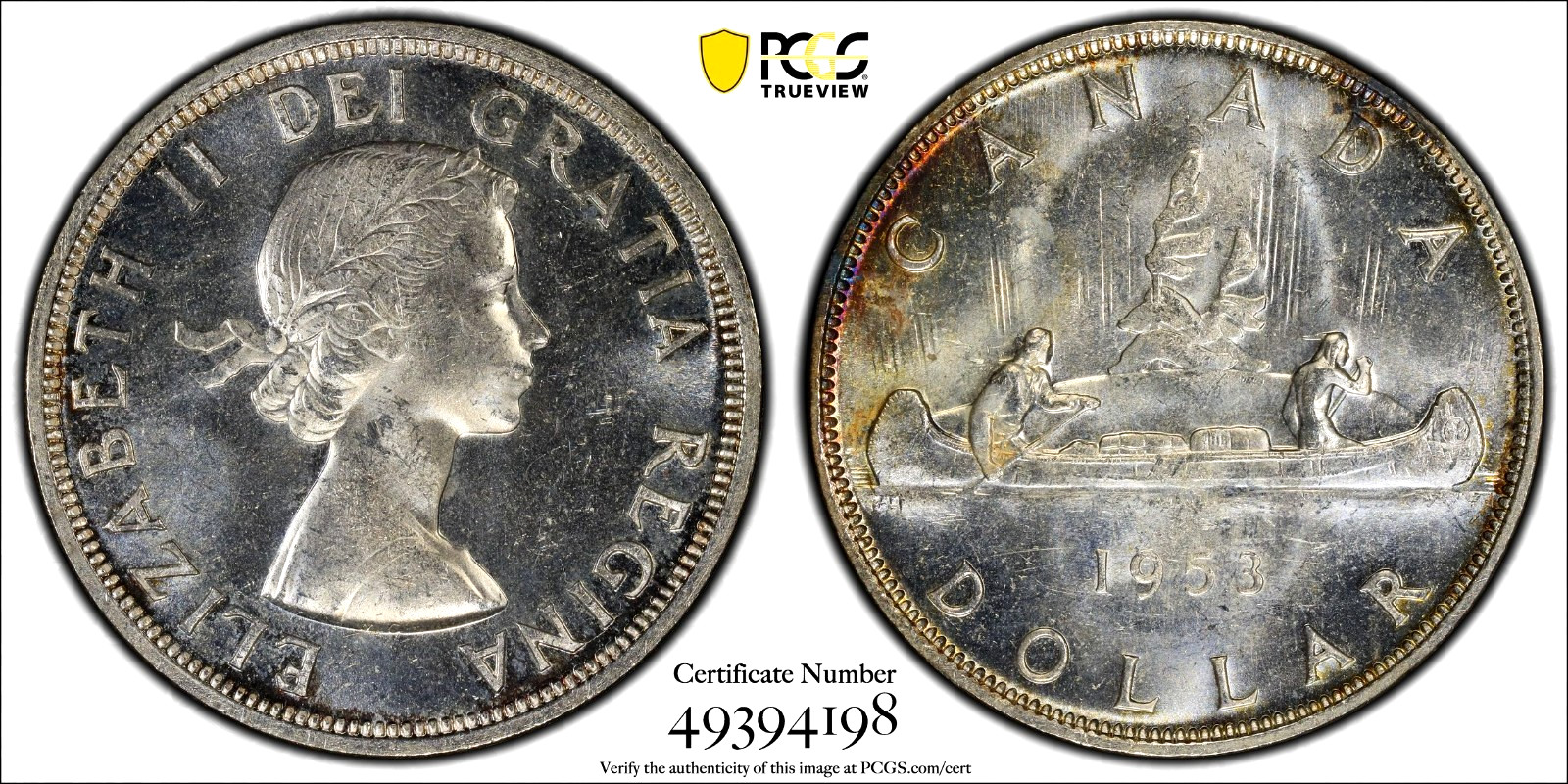 1953 CANADA SILVER $1 DOLLAR SHOULDER FOLD SWL PCGS MS-63 1953 CANADA SILVER $1 DOLLAR SHOULDER FOLD SWL PCGS MS-63